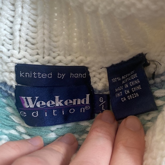 𝅺vintage Women’s Hand Knit Crew Neck Fair Isle Nordic Ski Sweater White - Picture 7 of 7